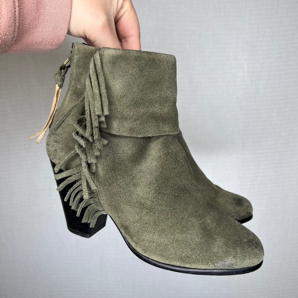 ASH Suede Fringe Ankle Boots Khaki Block Heel‎ Zip Back Women's Size 36